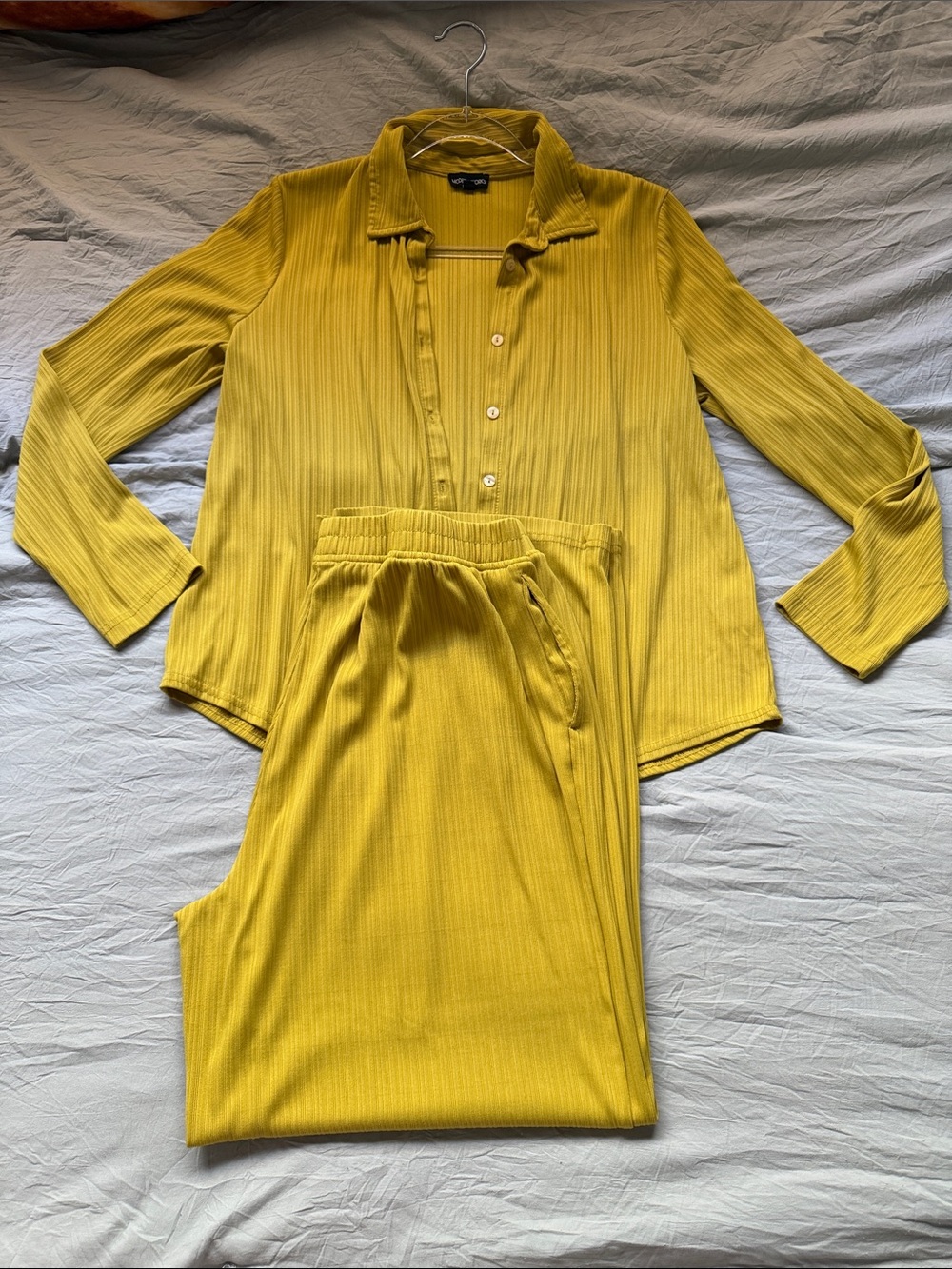 Modern Works Mustard Ribbed Button-Up Top & Wide Leg Pants Set